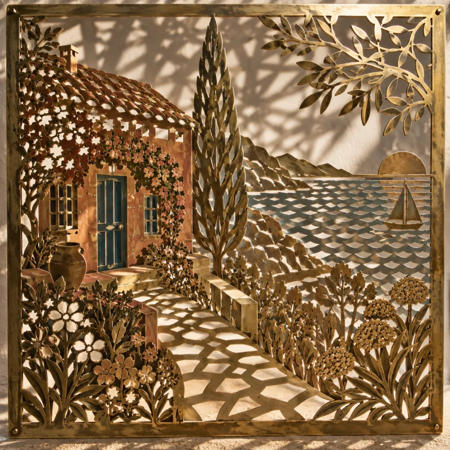Pierced Brass Jali: Lacy geometry cut through warm metal