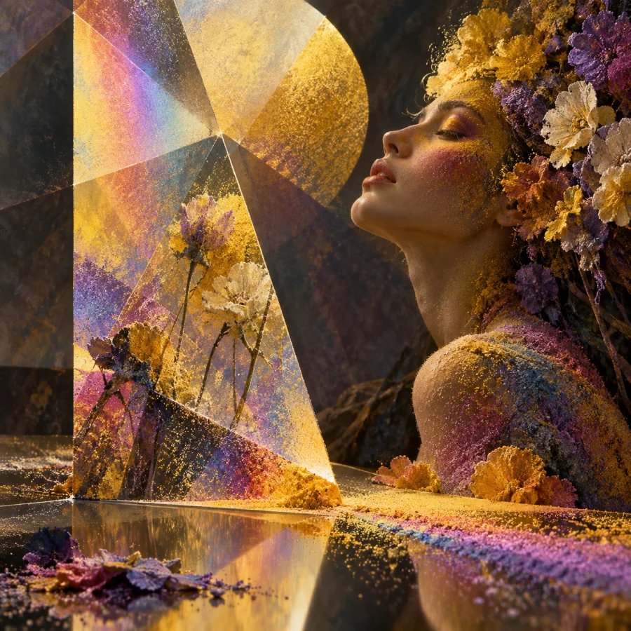 Pollen Prism Painting: Fine colored dust gathered into luminous prismatic planes, granular edges and velvety optical mixing.