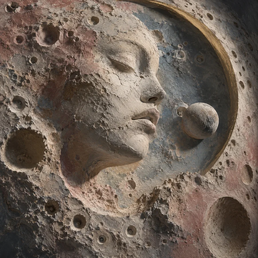 Porous Moon Fresco: Matte plaster painting across a cratered lunar-like surface, dusty pastel pigment and grazing shadow.