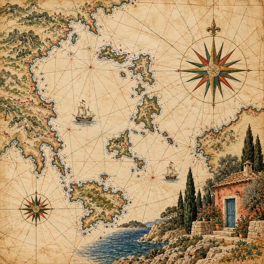 Portolan Chart: Rhumb-line webs and finely drawn coastal detail