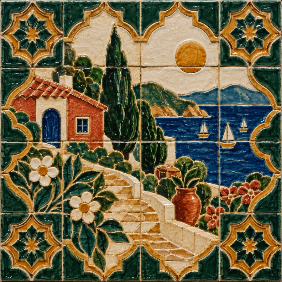 Portuguese Hispano-Moresque Tile: Raised divisions and interlocking glazed geometry