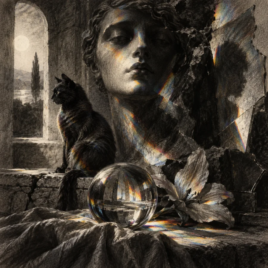 Prismatic Charcoal: Dense charcoal marks that refract into restrained spectral edges, dusty paper and luminous split shadows.