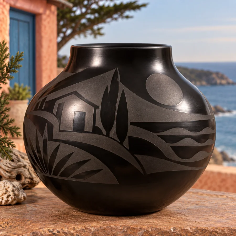Pueblo Black-on-Black Ceramics: Matte geometry on a polished dark surface