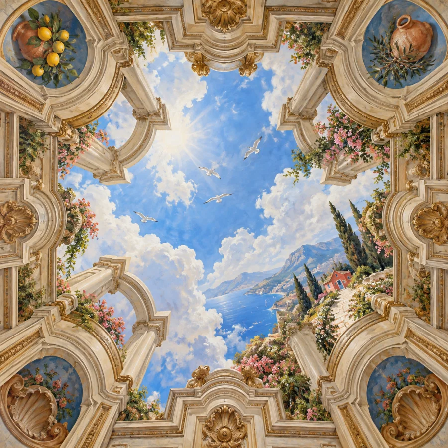Quadratura Ceiling Painting: Painted architecture opening into the sky