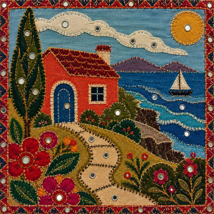 Rabari-Inspired Applique: Bold cloth shapes with reflective accents