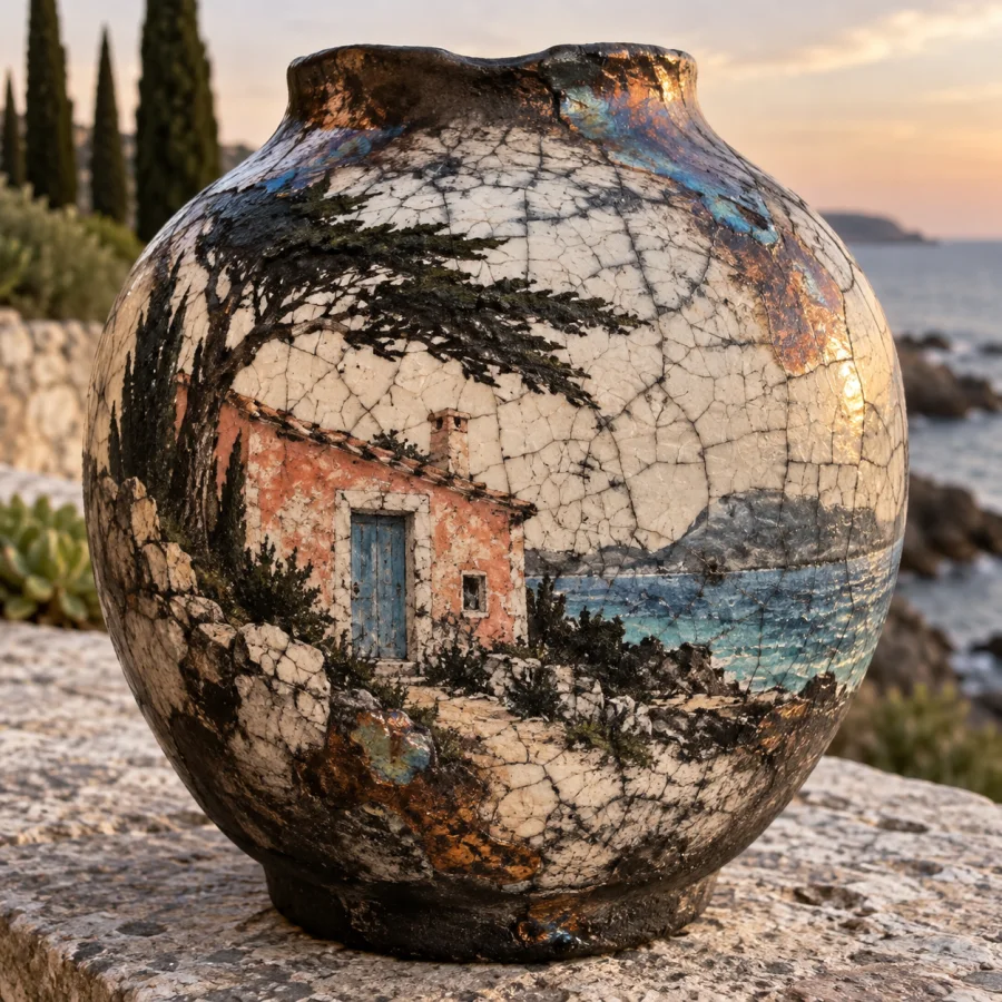 Raku Crackle Glaze: Dark fissures across a luminous fired surface