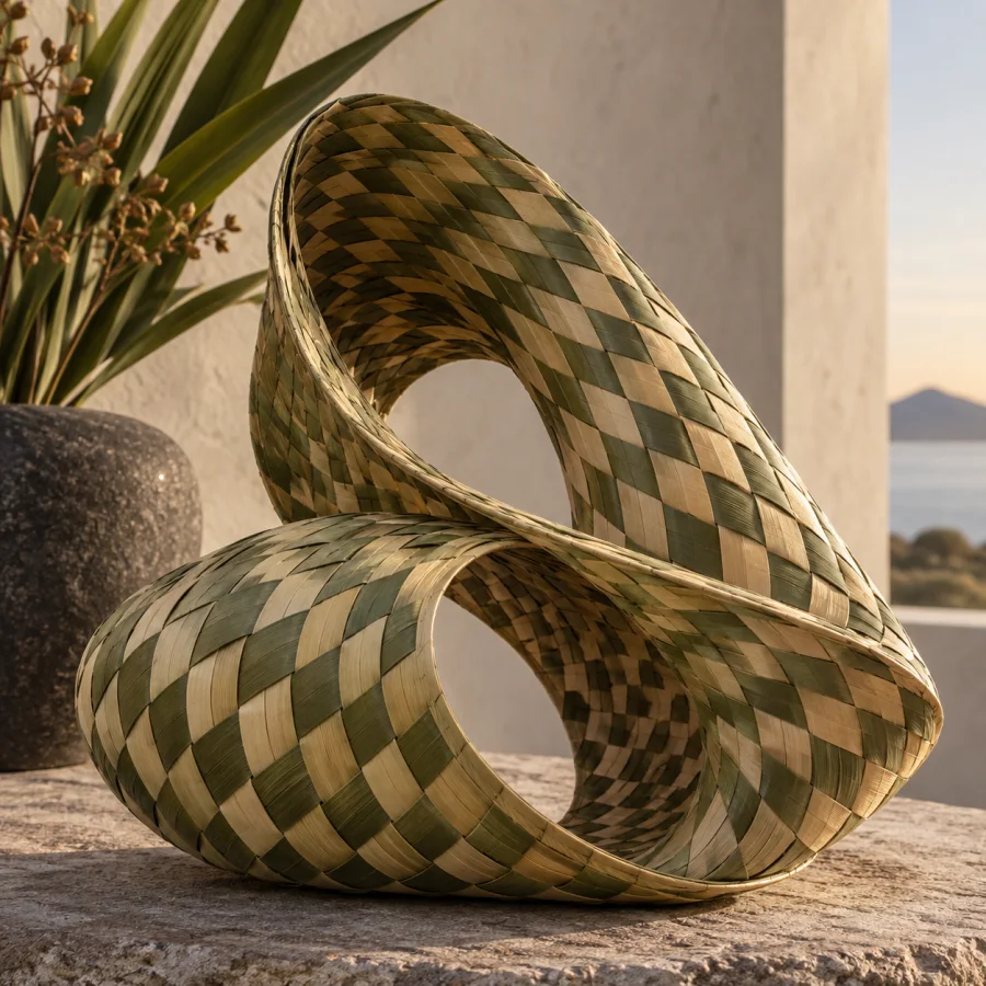 Raranga-Inspired Weaving: Broad flax strips interlaced into supple sculptural forms with diagonal checker rhythms and natural fibers.