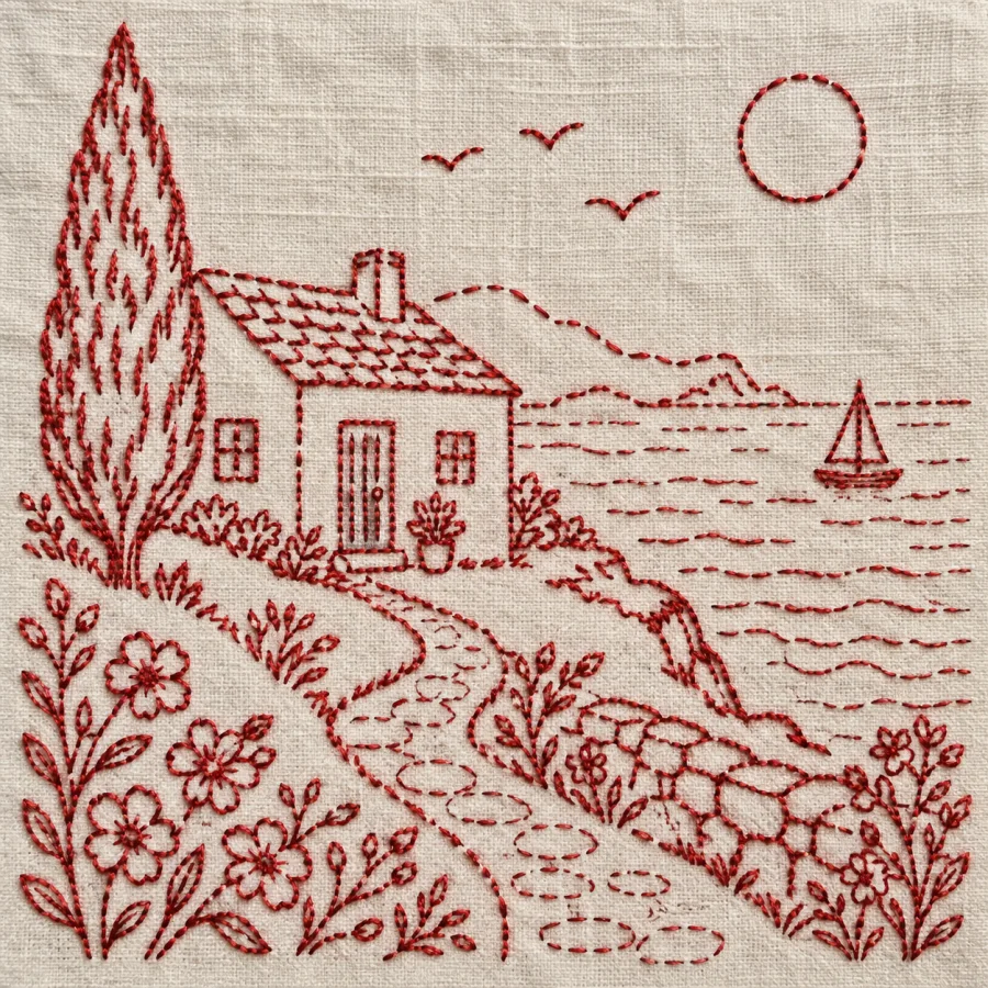 Redwork Embroidery: Simple red contours on cream fabric