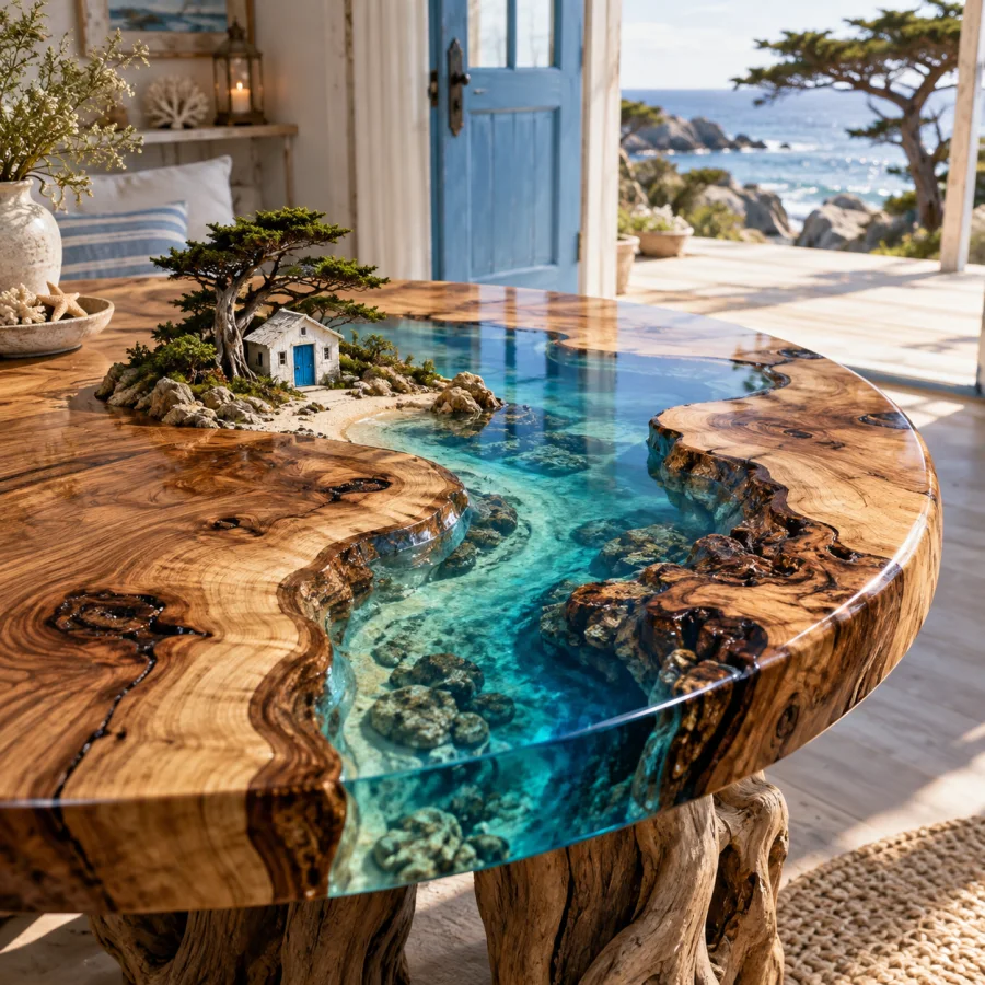 Resin River Woodwork: Transparent color flowing through natural timber