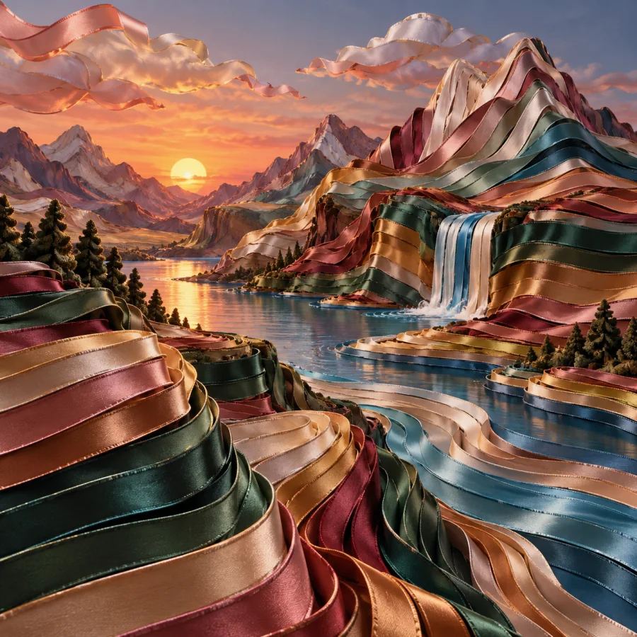 Ribbon-Strata Landscape: Landscape built entirely from stacked satin ribbons, exposed colored edges and folding topographic contours.