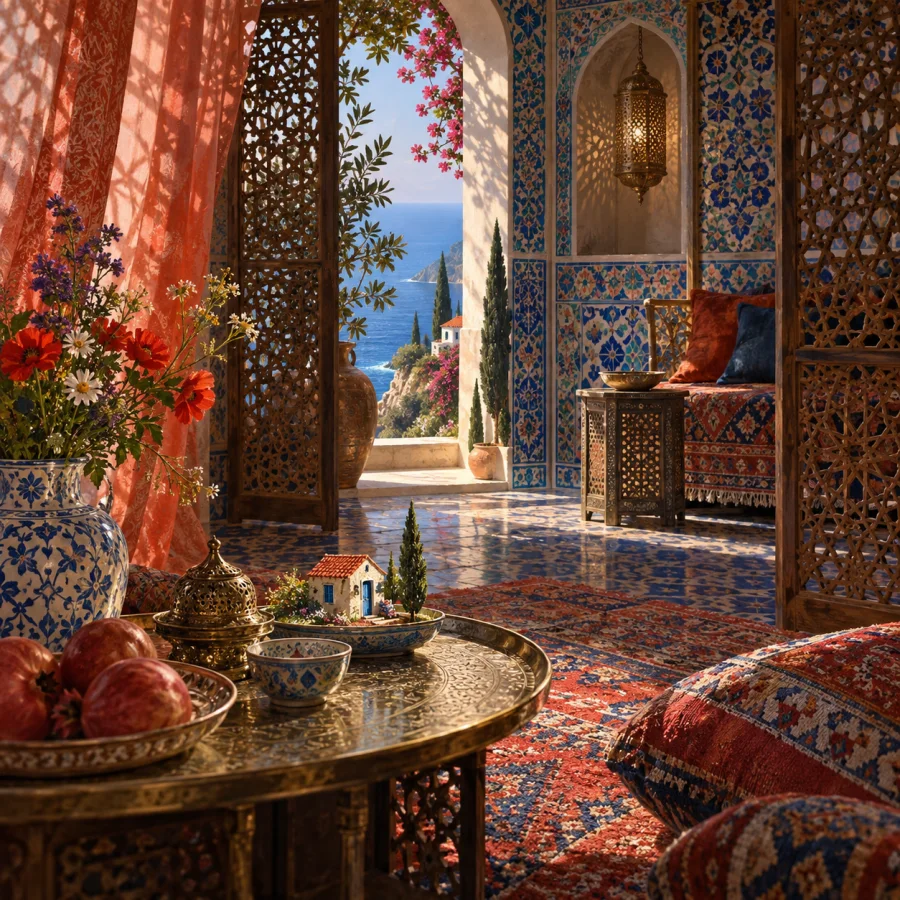 Romantic Orientalist Interior: Ornate architectural space in filtered light