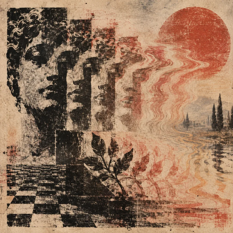 Rubber-Stamp Mirage: Repeated imperfect ink stamps gradually dissolving into heat-haze distortions, dusty paper and shifting registration.