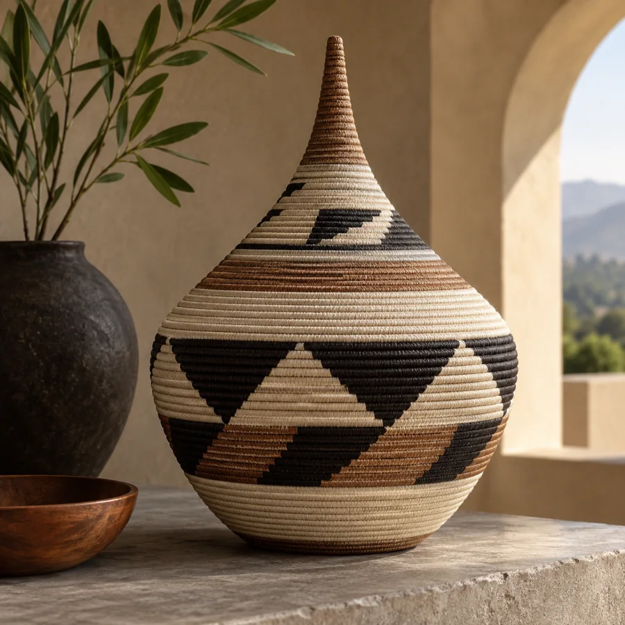 Rwandan Agaseke Basketry: Fine coiled fiber, sharply tapered sculptural profiles and restrained repeating geometric bands.