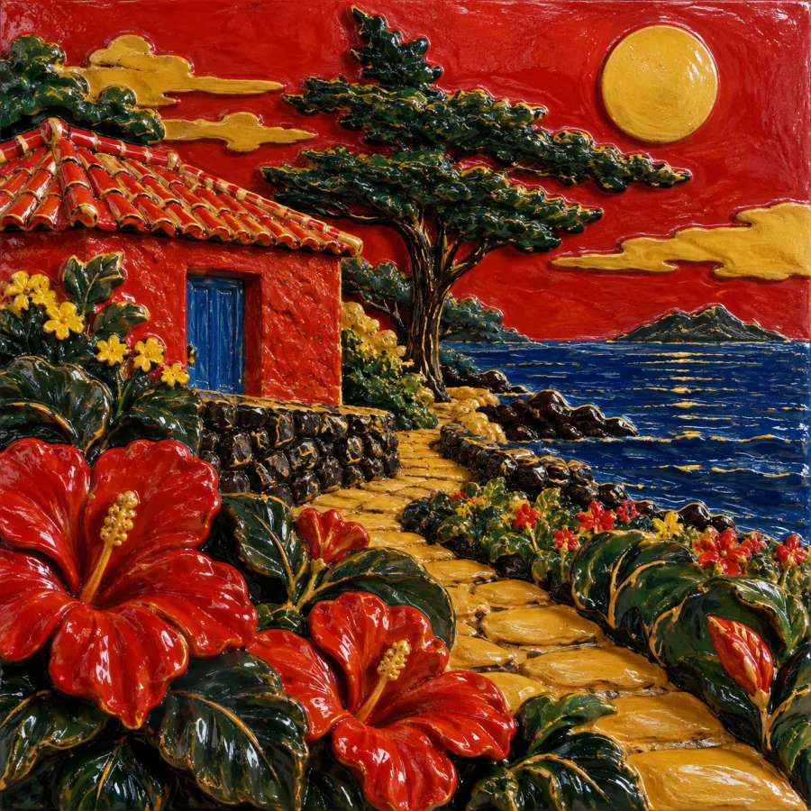 Ryukyu Lacquer Relief: Bright raised ornament on smooth lacquer