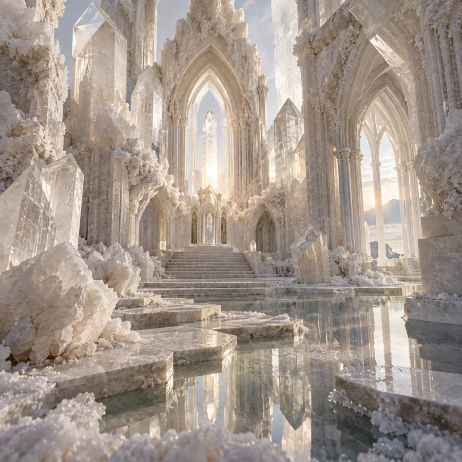 Salt Cathedral Miniature: Architecture grown from angular salt crystals, chalk-white planes, translucent facets and powdery crust.