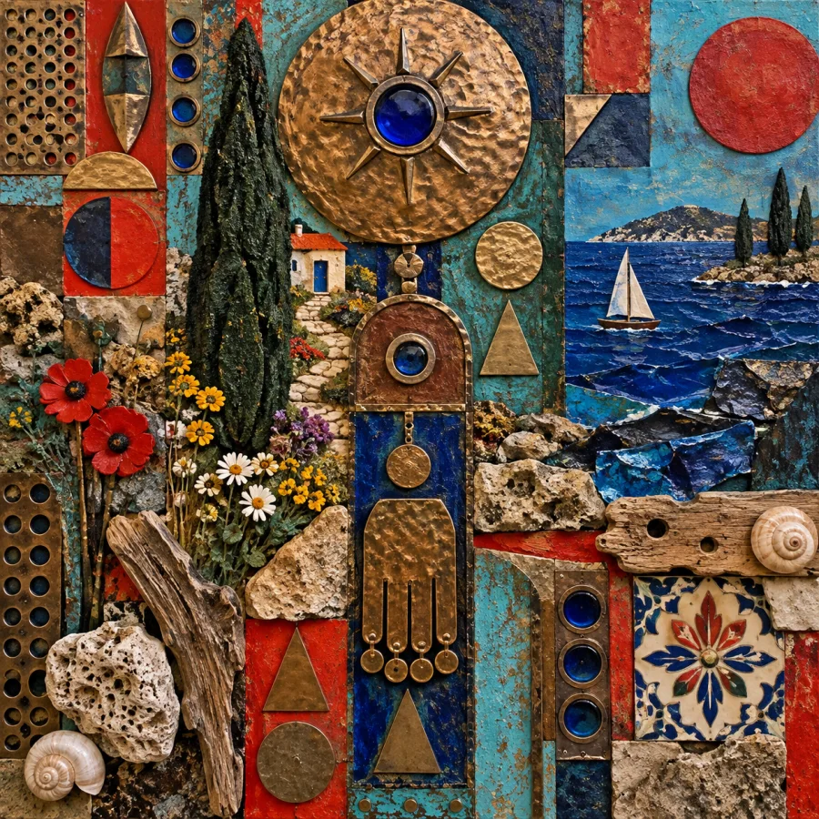 Saqqakhaneh-Inspired Assemblage: Dense ornament and modern material layering