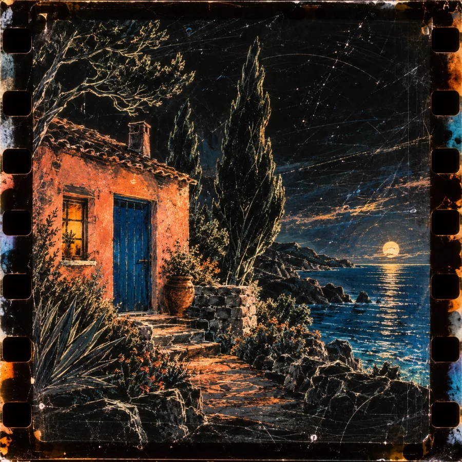 Scratch-Film Animation: Luminous scratched lines dance across dark film.