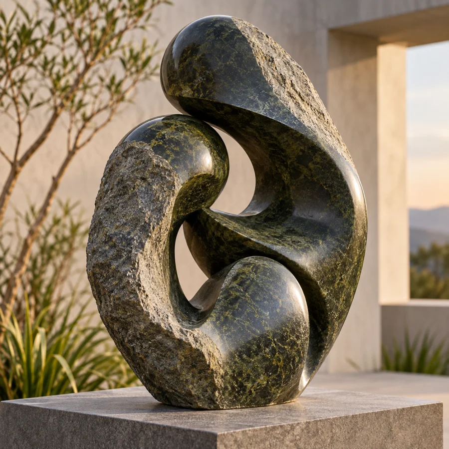 Shona-Inspired Stone Sculpture: Serpentine stone with contrasting raw and polished surfaces, rounded interlocking masses and lyrical negative space.
