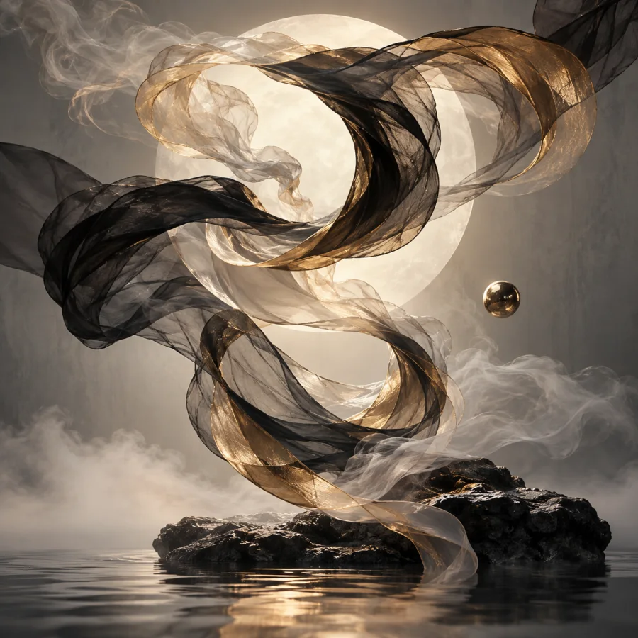 Silk Smoke Calligraphy: Floating silk ribbons forming gestural abstract strokes, soft translucent overlaps and smoky trailing edges.