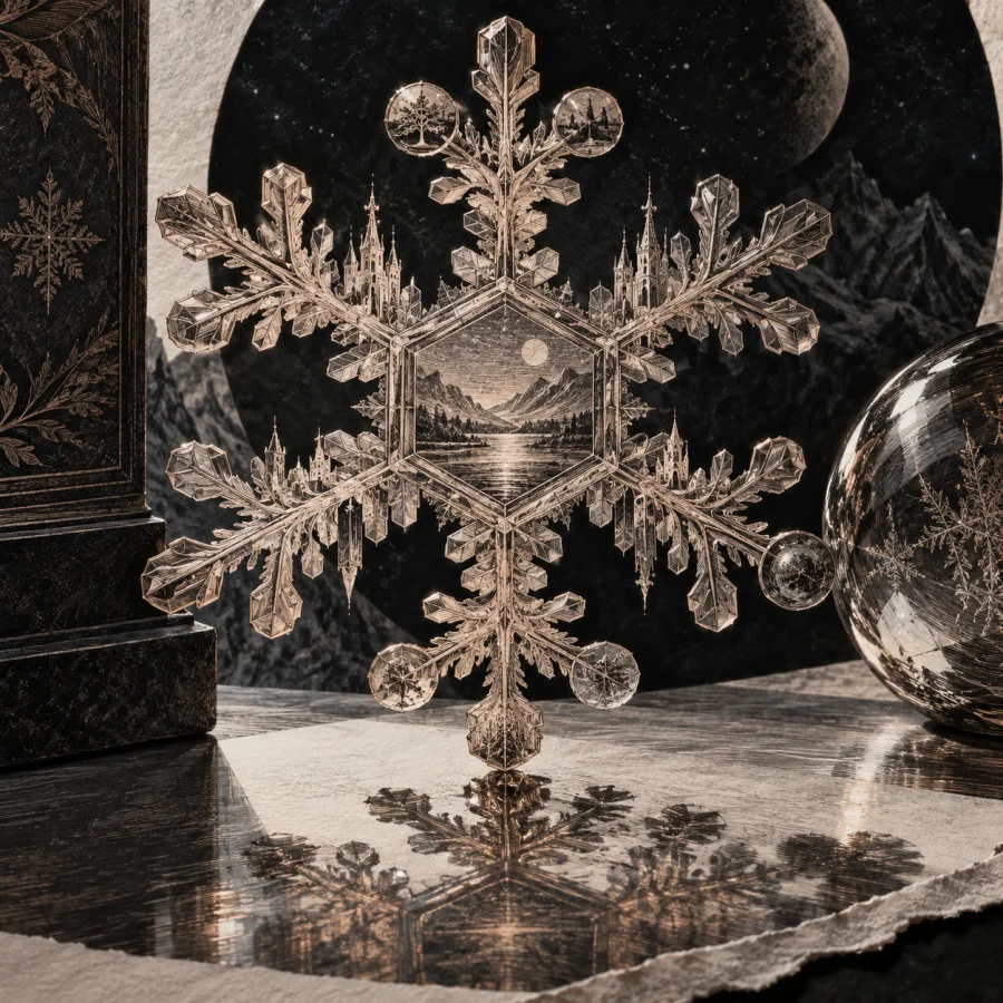 Snowflake Copperplate: Fine engraved linework assembled into branching crystalline structures, cold paper and dark precise impressions.