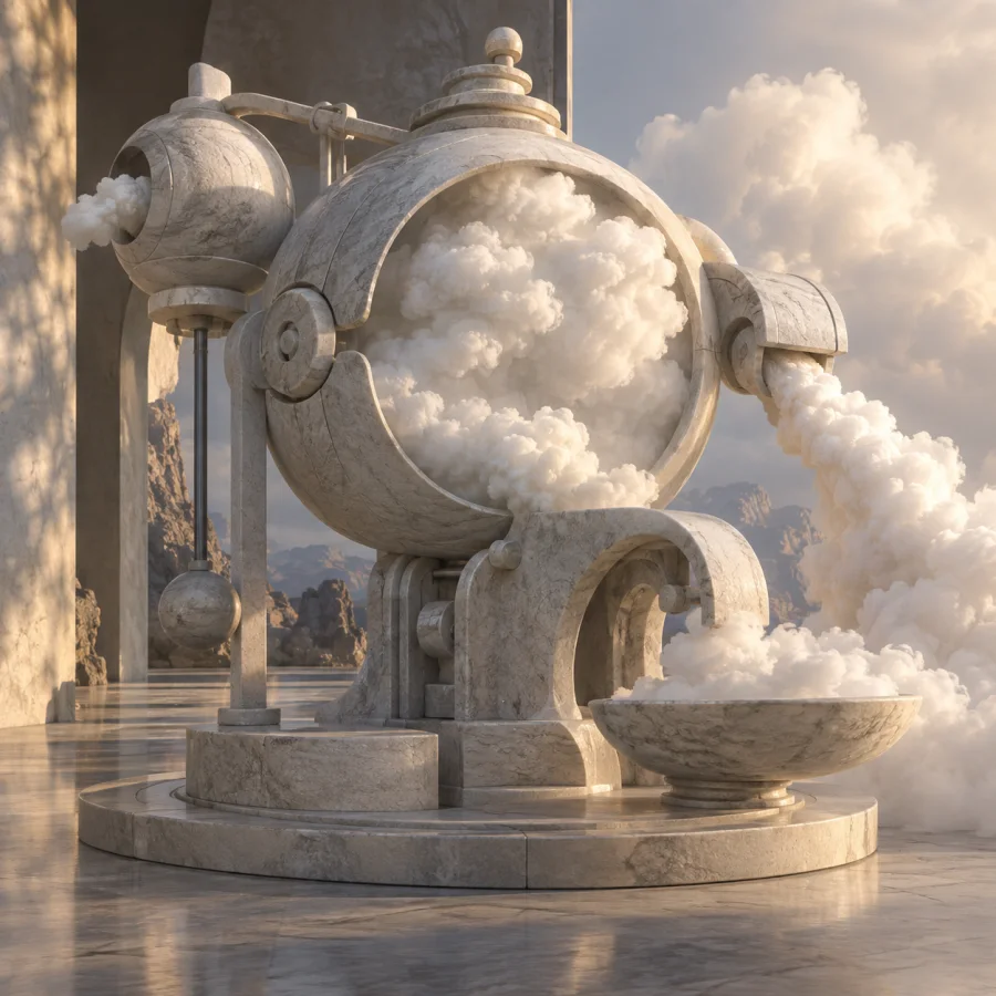 Soapstone Cloud Machine: Rounded carved pale stone mechanisms producing sculptural cloud volumes, smooth mass and precise joints.