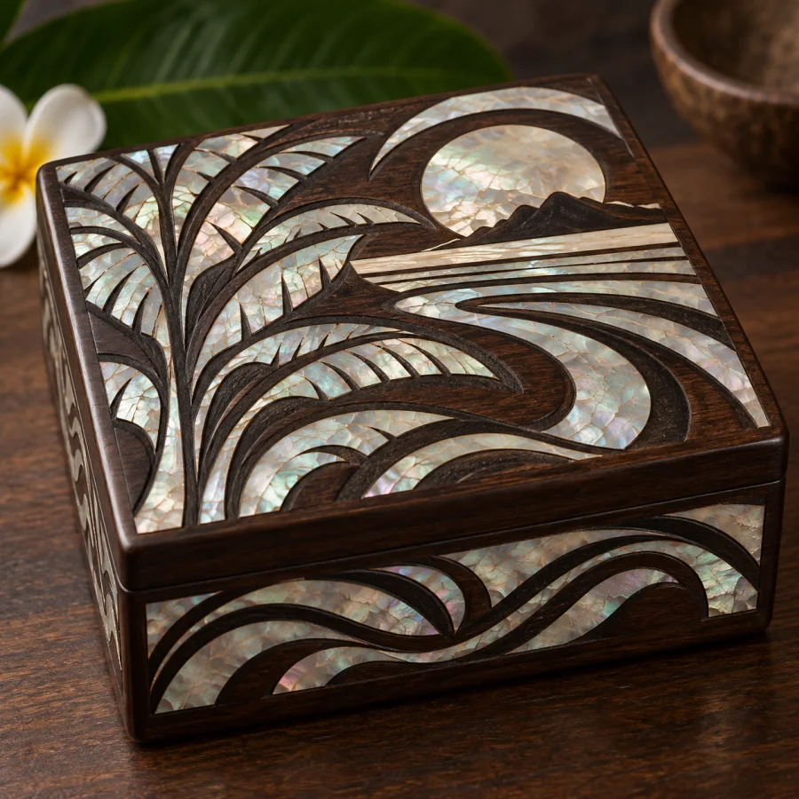 Solomon Islands Shell Inlay: Pale iridescent shell fragments fitted into dark carved wood with rhythmic curved outlines and polished surfaces.
