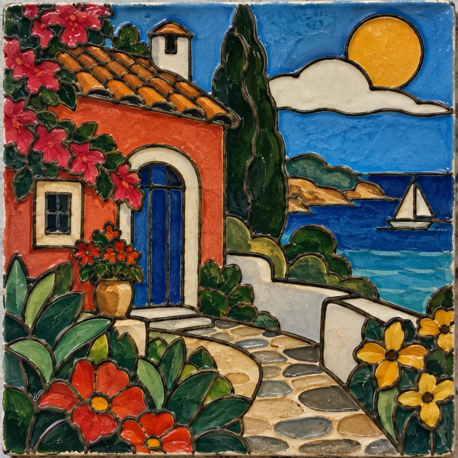 Spanish Cuerda Seca Tile: Colored glazes separated by dark resist lines