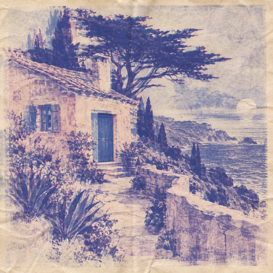 Spirit Duplicator Print: Faded purple linework and uneven duplication