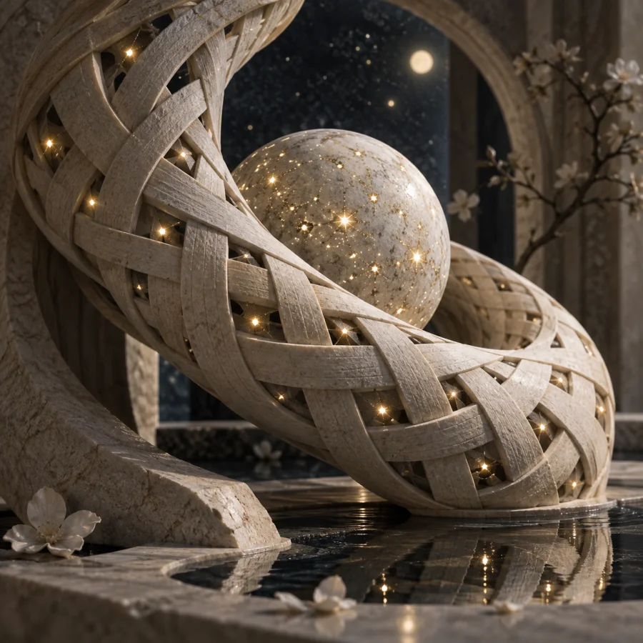 Starlight Woven Limestone: Pale stone carved into delicate woven bands with tiny luminous mineral points and deep interlaced shadows.