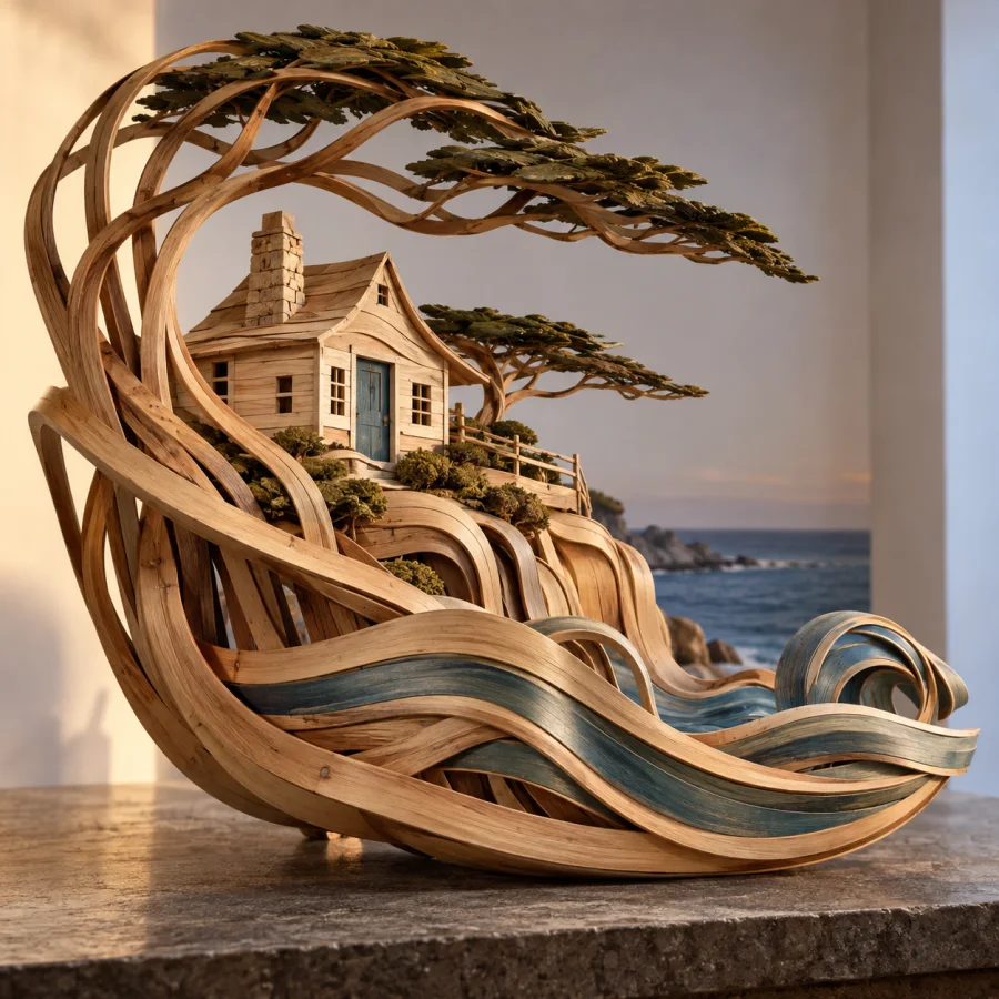 Steam-Bent Wood Sculpture: Supple timber arcs with natural grain