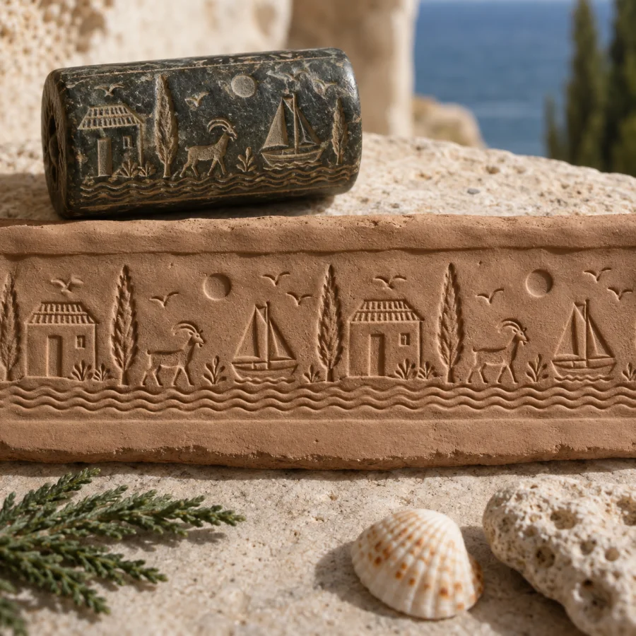 Sumerian Cylinder-Seal Impression: A continuous scene rolled into clay