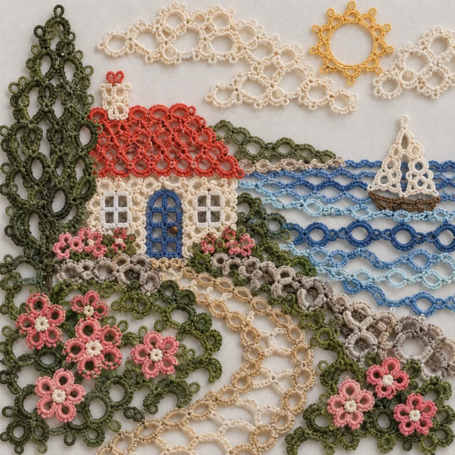 Tatting: Tiny knotted rings and connecting thread arcs