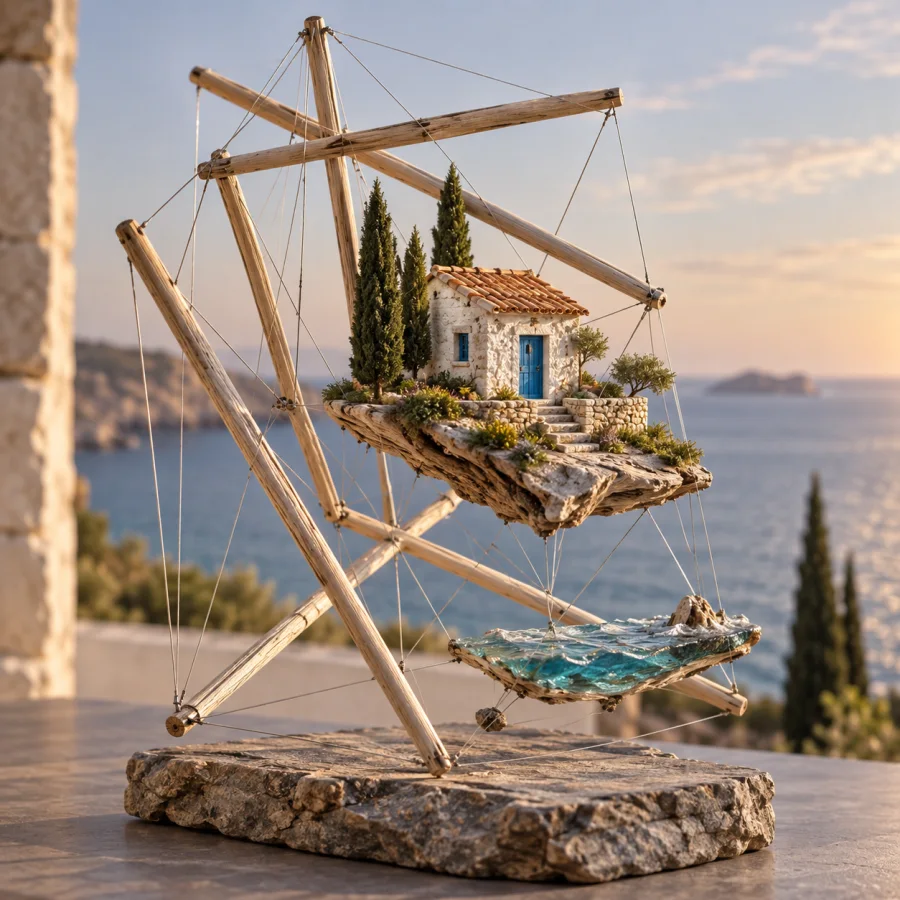 Tensegrity Sculpture: Floating elements held by taut connections