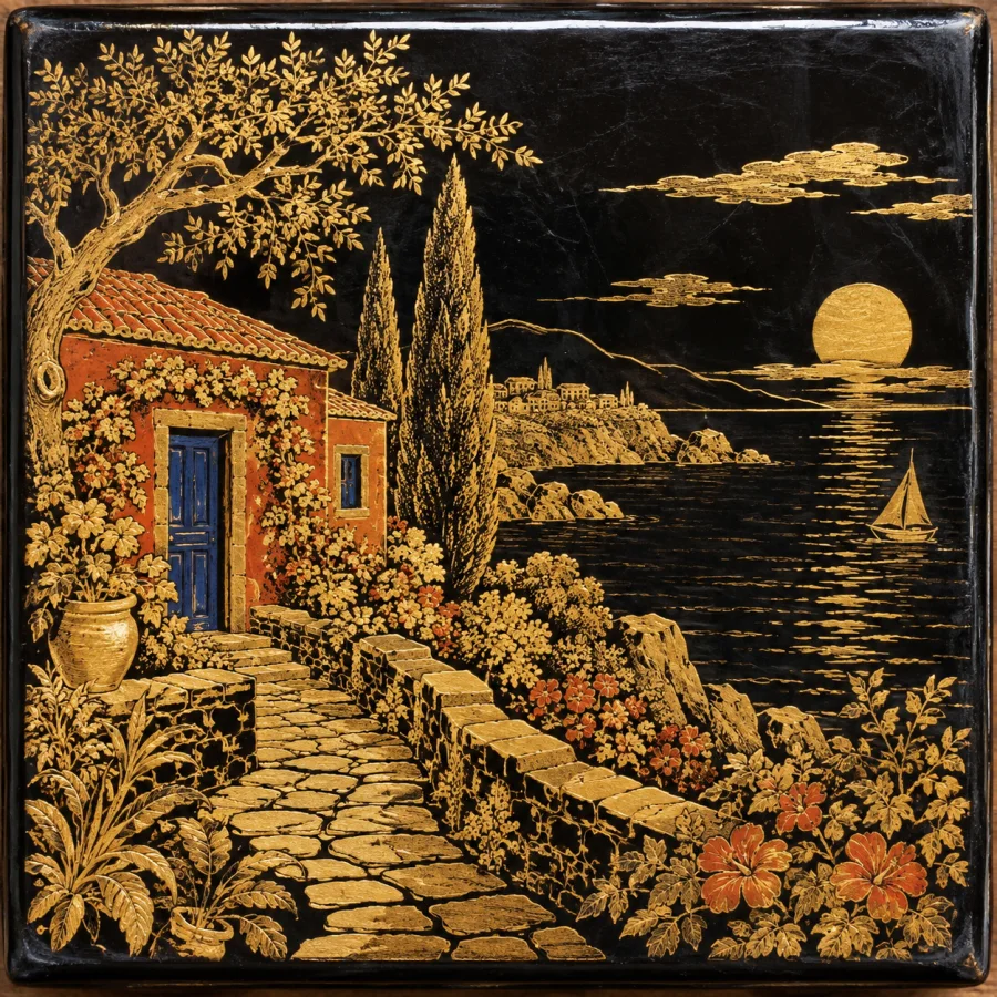Thai Lai Rot Nam: Delicate gold imagery on black lacquer