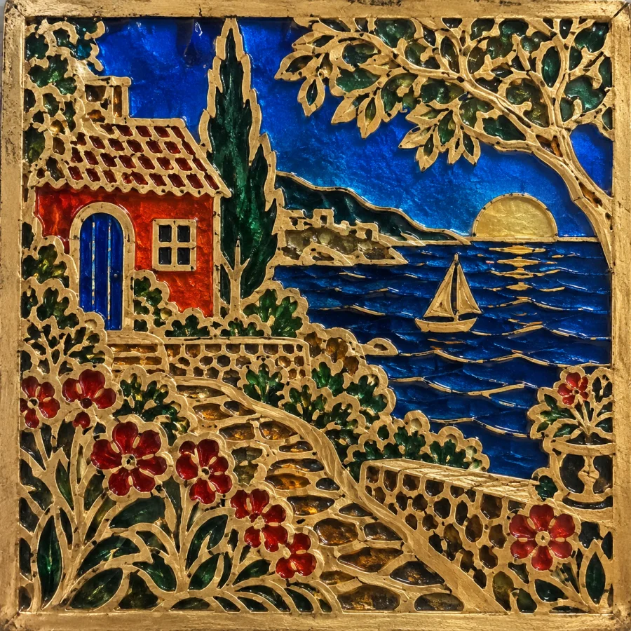 Thewa Glass Inlay: Delicate gold-like silhouettes against colored glass