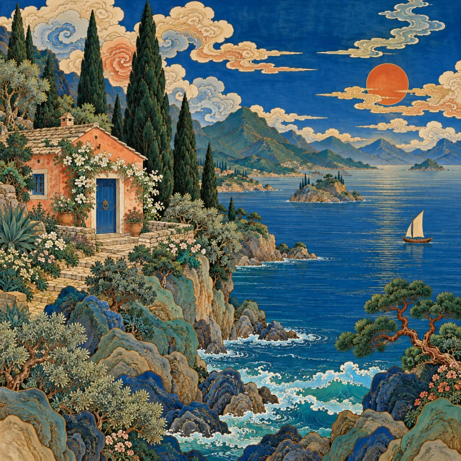 Tibetan Thangka-Inspired Landscape: Luminous mineral color in a finely ordered world