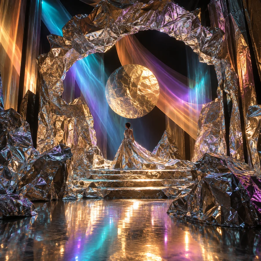 Tinfoil Aurora Stage: Crumpled foil theatrical scenery lit by broad colored ribbons of light, sharp reflections and handmade folds.