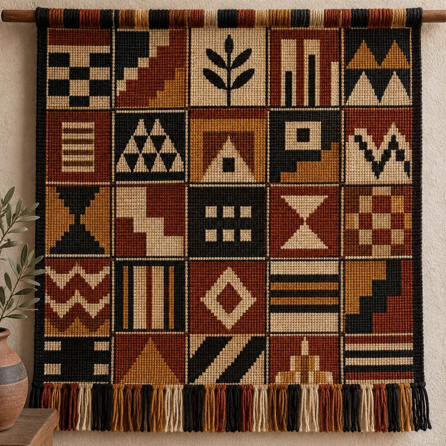 Tocapu-Inspired Weaving: A grid of compact geometric woven compartments with diverse internal patterns; invent new units rather than copying insignia.