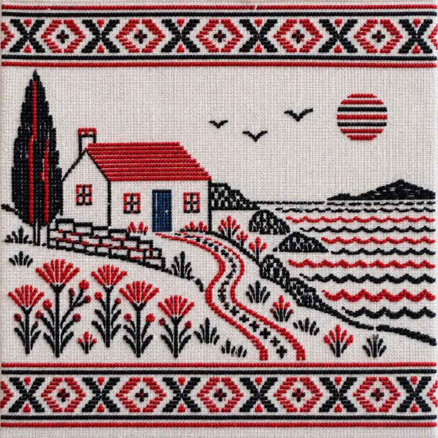 Toda Embroidery: Red and black counted patterns on white cloth