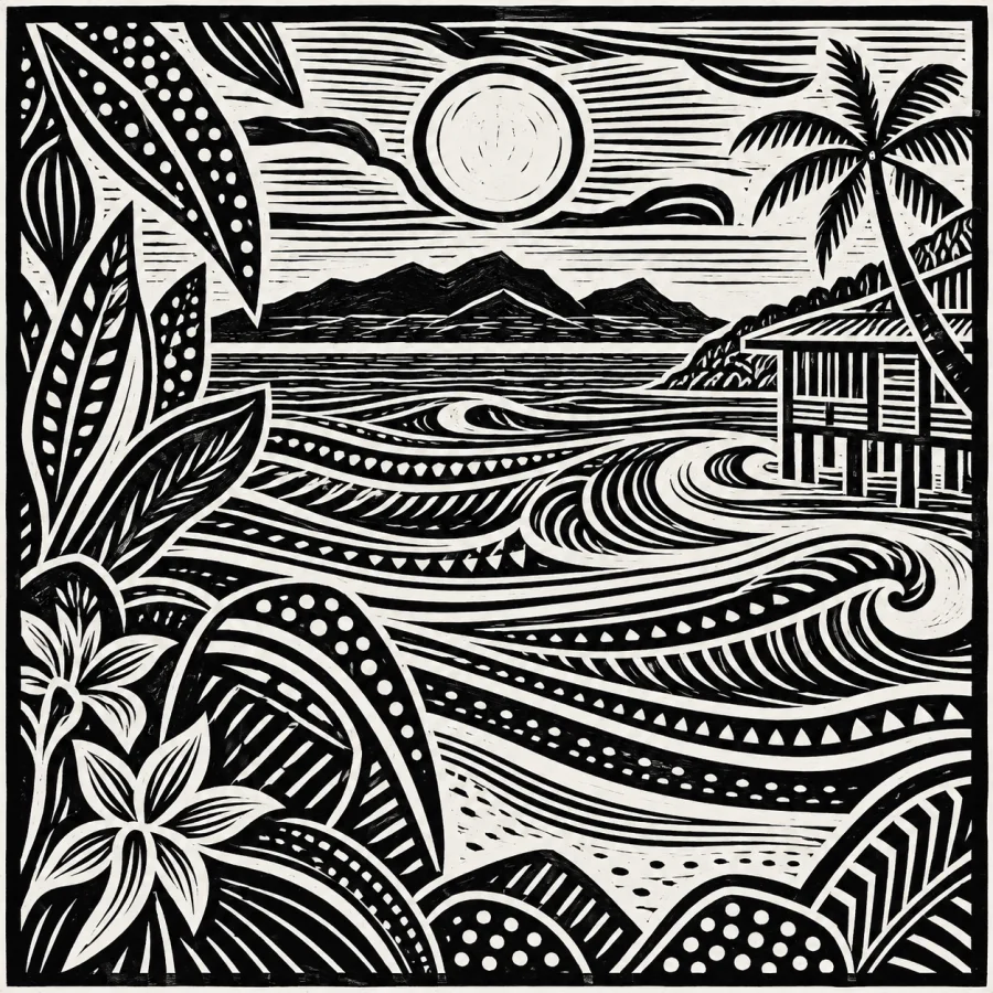 Torres Strait Linocut-Inspired Print: Dense interlocking black-white carved patterns, flowing maritime rhythms and crisp relief edges using original secular imagery.