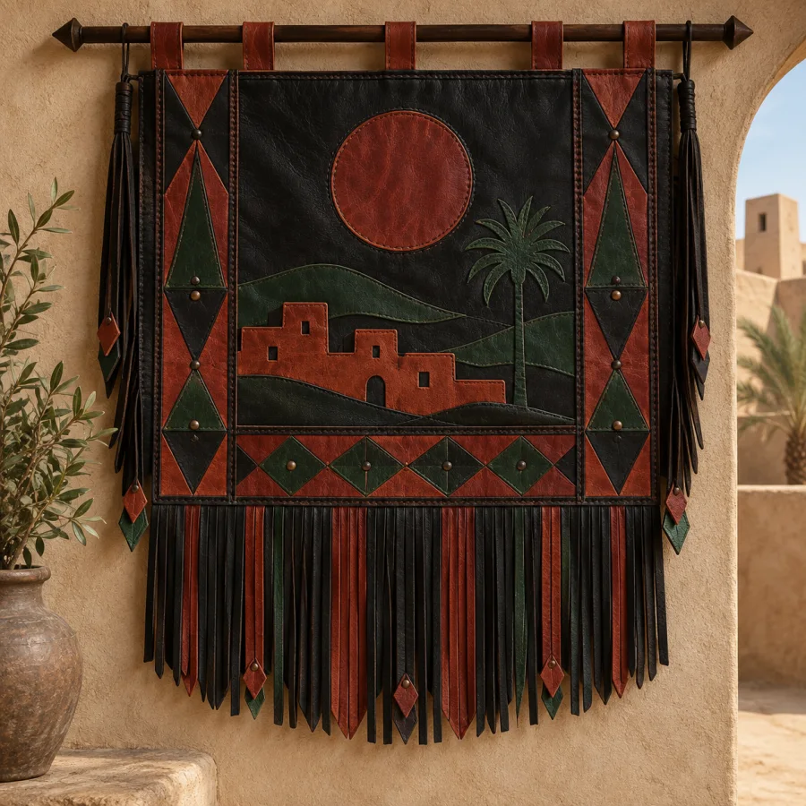 Tuareg Leatherwork: Dyed leather panels, finely cut fringe, geometric applique and restrained red-green-black ornament.