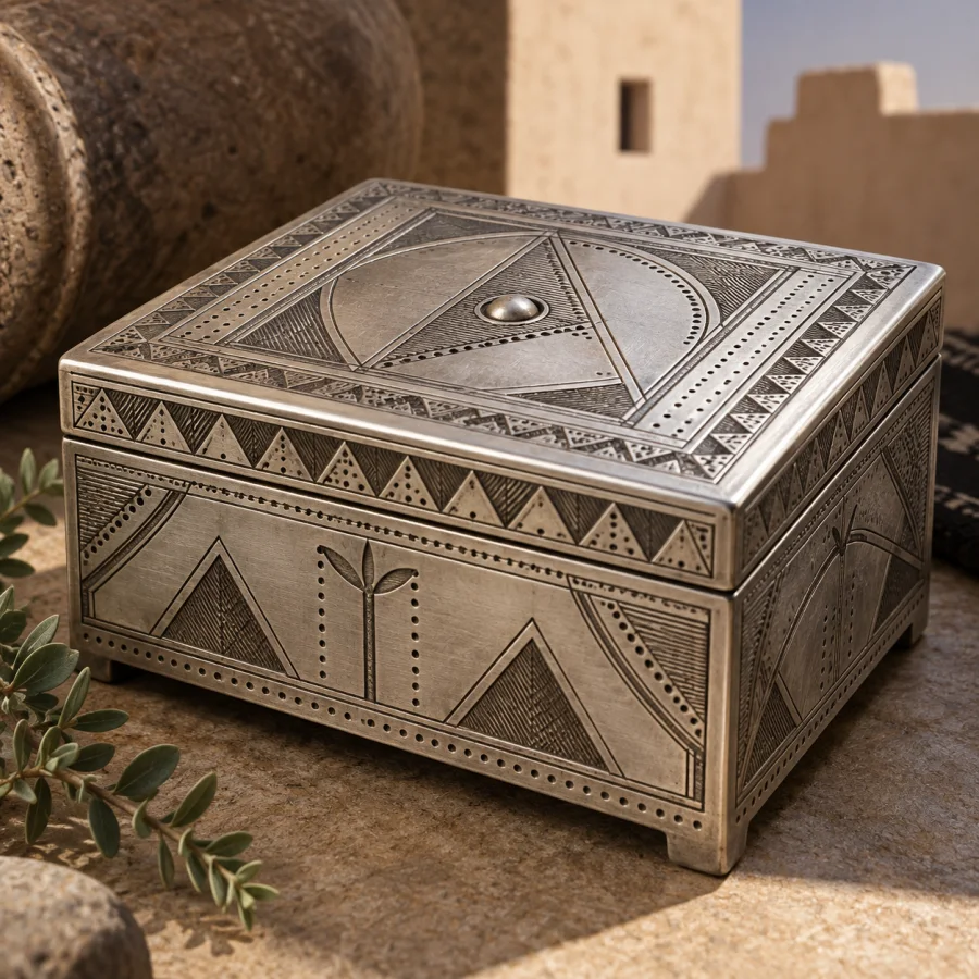Tuareg Silver Geometry: Engraved silver surfaces with incised triangles, dots and linear borders; use original nonemblematic forms.