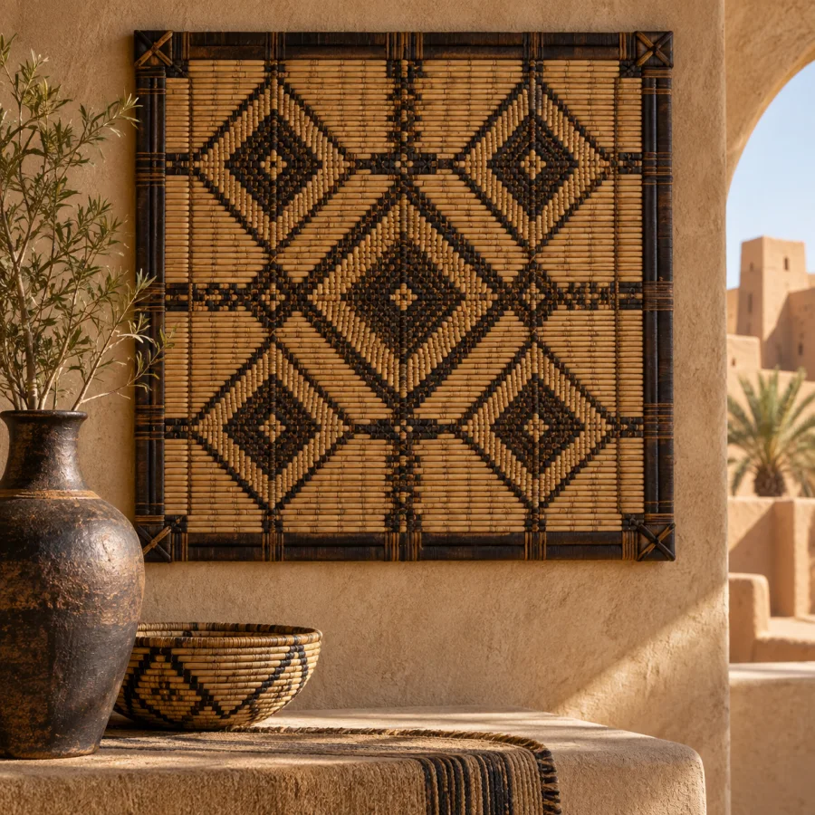 Tuareg Woven Mat: Reed and leather woven surfaces, repeated diamond units, warm straw tones and dark linear bindings.