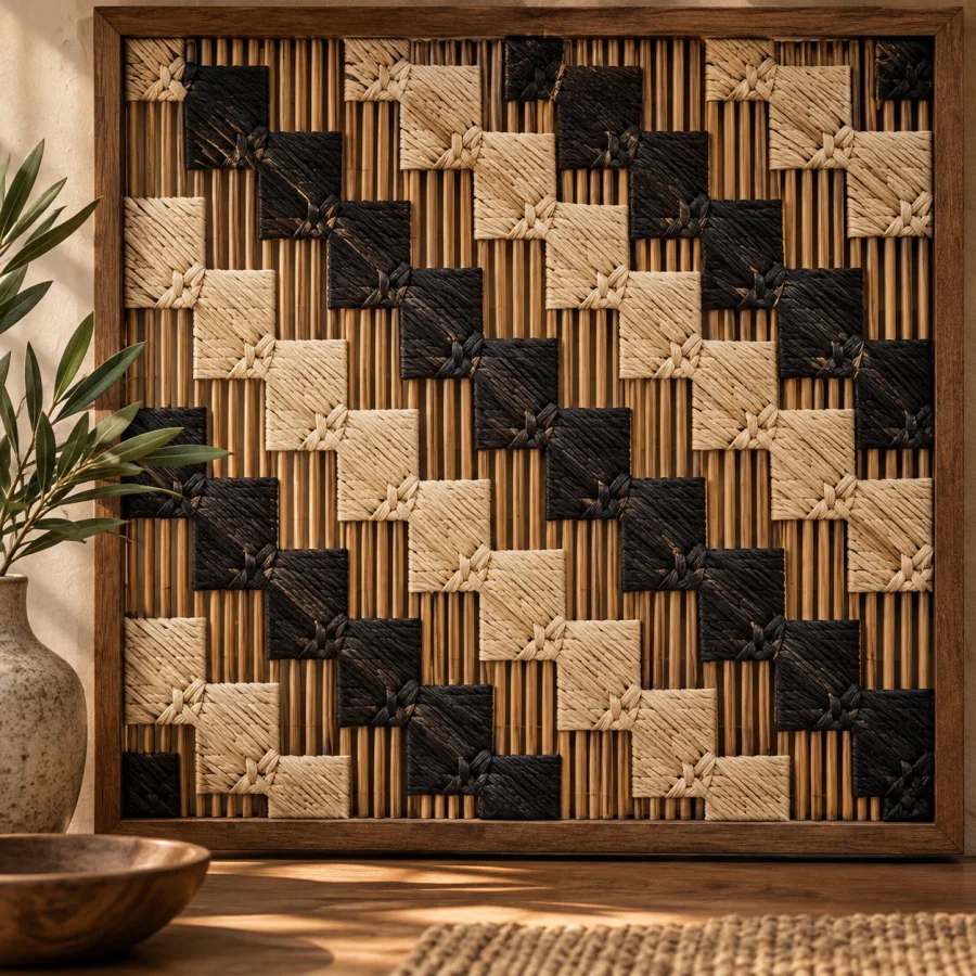 Tukutuku-Inspired Lattice: Crossed fiber stitching over reed lattice, stepped diagonals and alternating cream-dark units using original secular patterns.