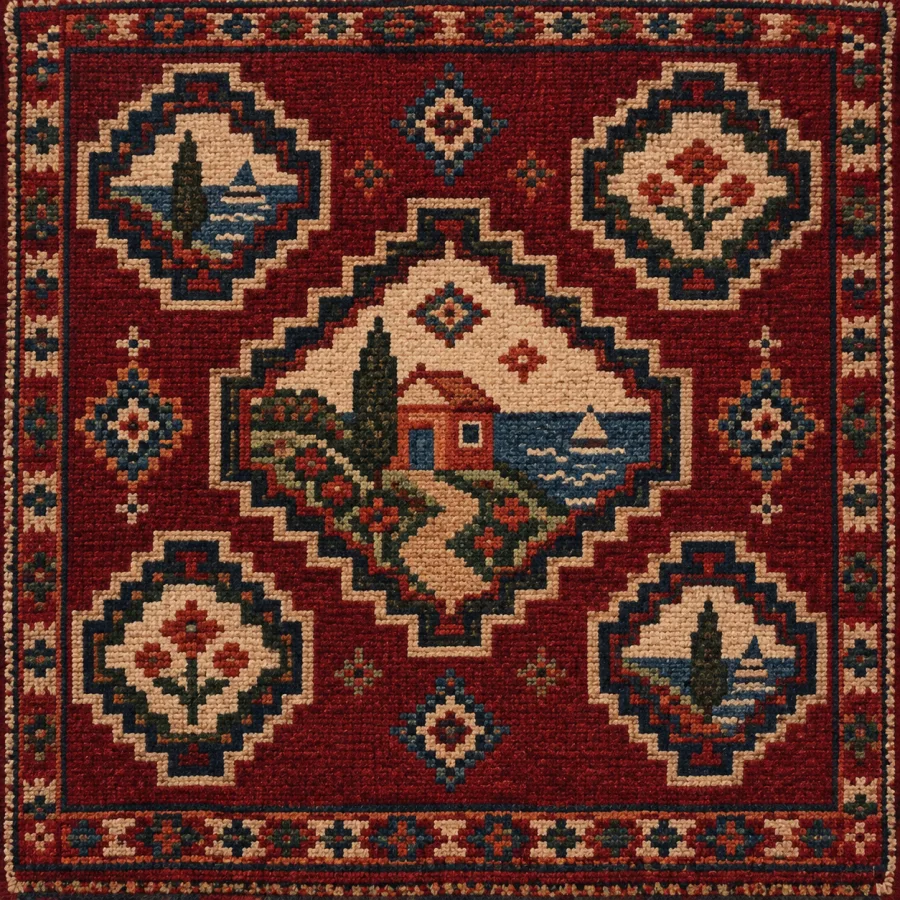 Turkmen Carpet Geometry: Repeated woven emblems in deep red fields