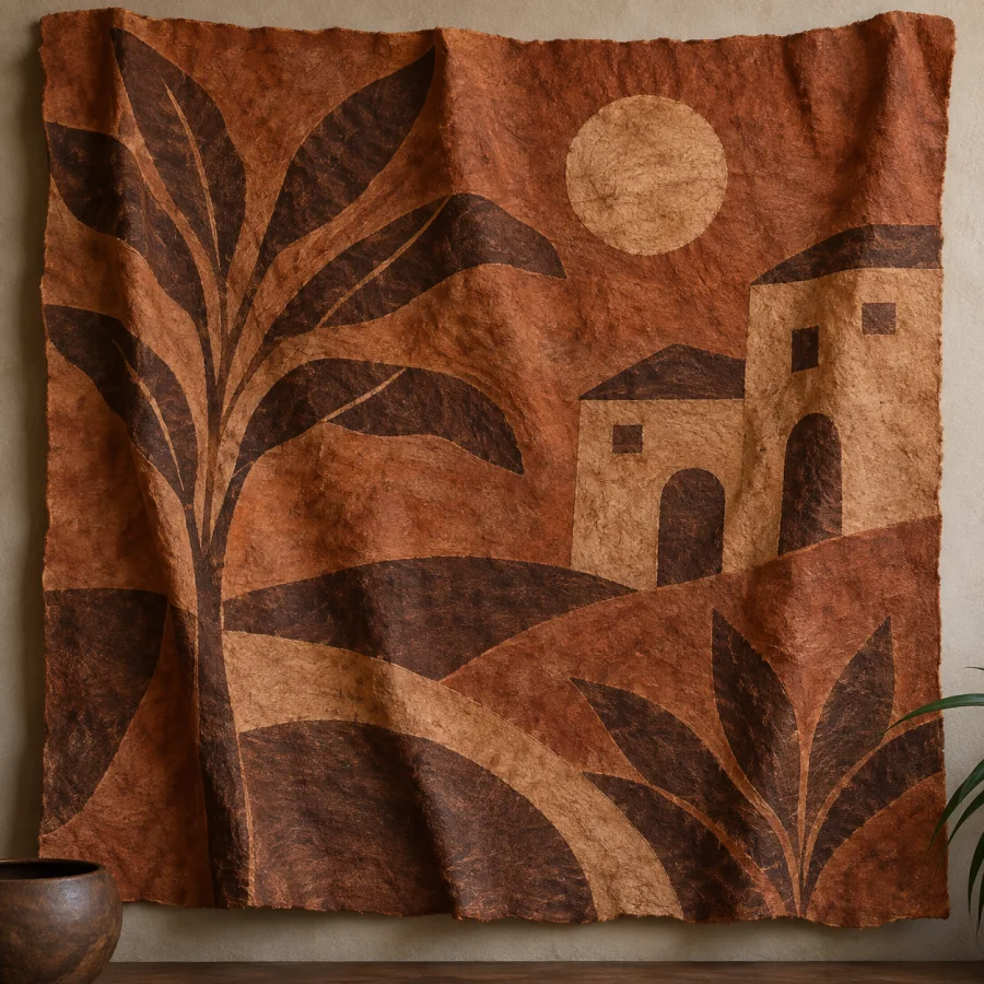 Ugandan Barkcloth: Soft reddish brown beaten bark, irregular fibrous grain, subtle tonal mottling and supple folded surfaces.