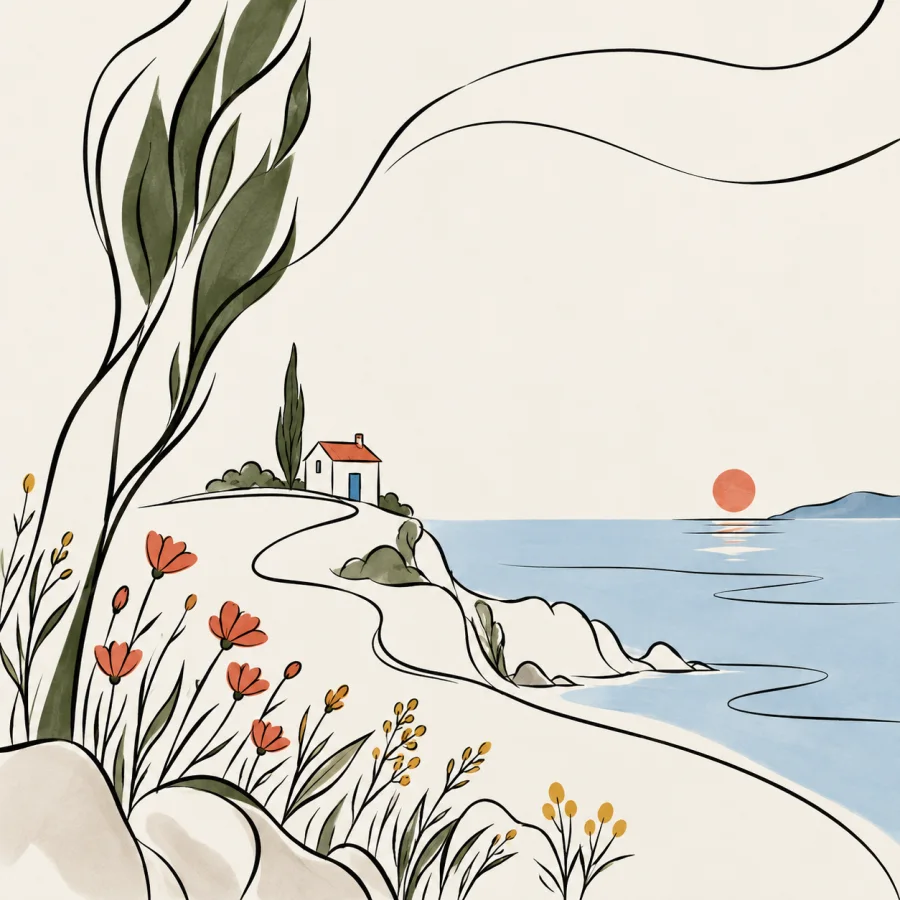 Uli-Inspired Linear Drawing: Spare curving line and active negative space