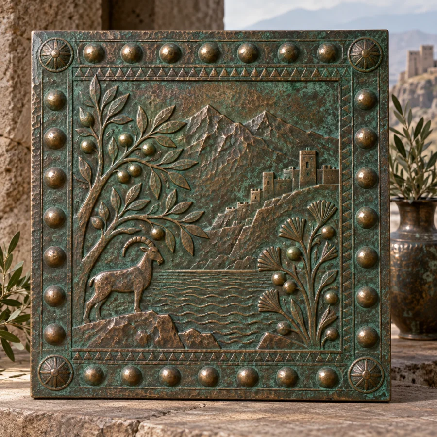 Urartian Bronze Ornament: Hammered bronze surfaces, fine chased patterns, repeated bosses and green patina.