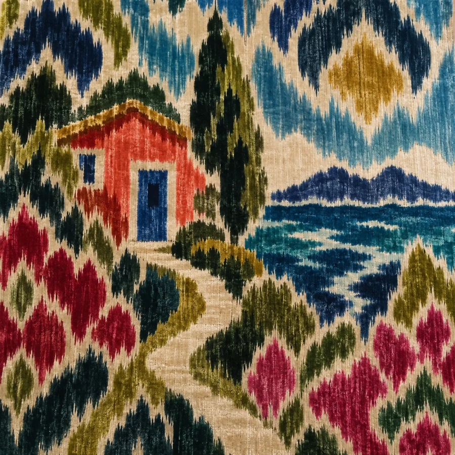 Uzbek Ikat Velvet: Blurred dyed geometry in a luminous pile