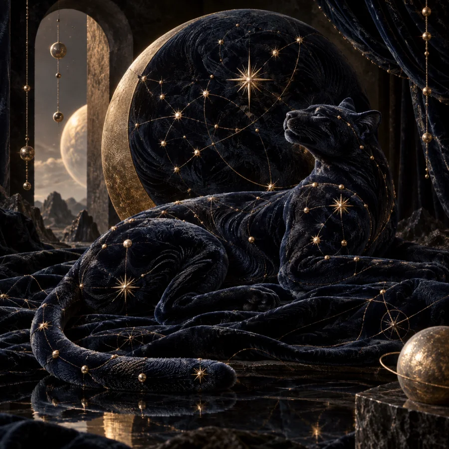 Velour Star Map: Deep velvet surface punctuated by embroidered metallic nodes and delicate directional pile patterns.